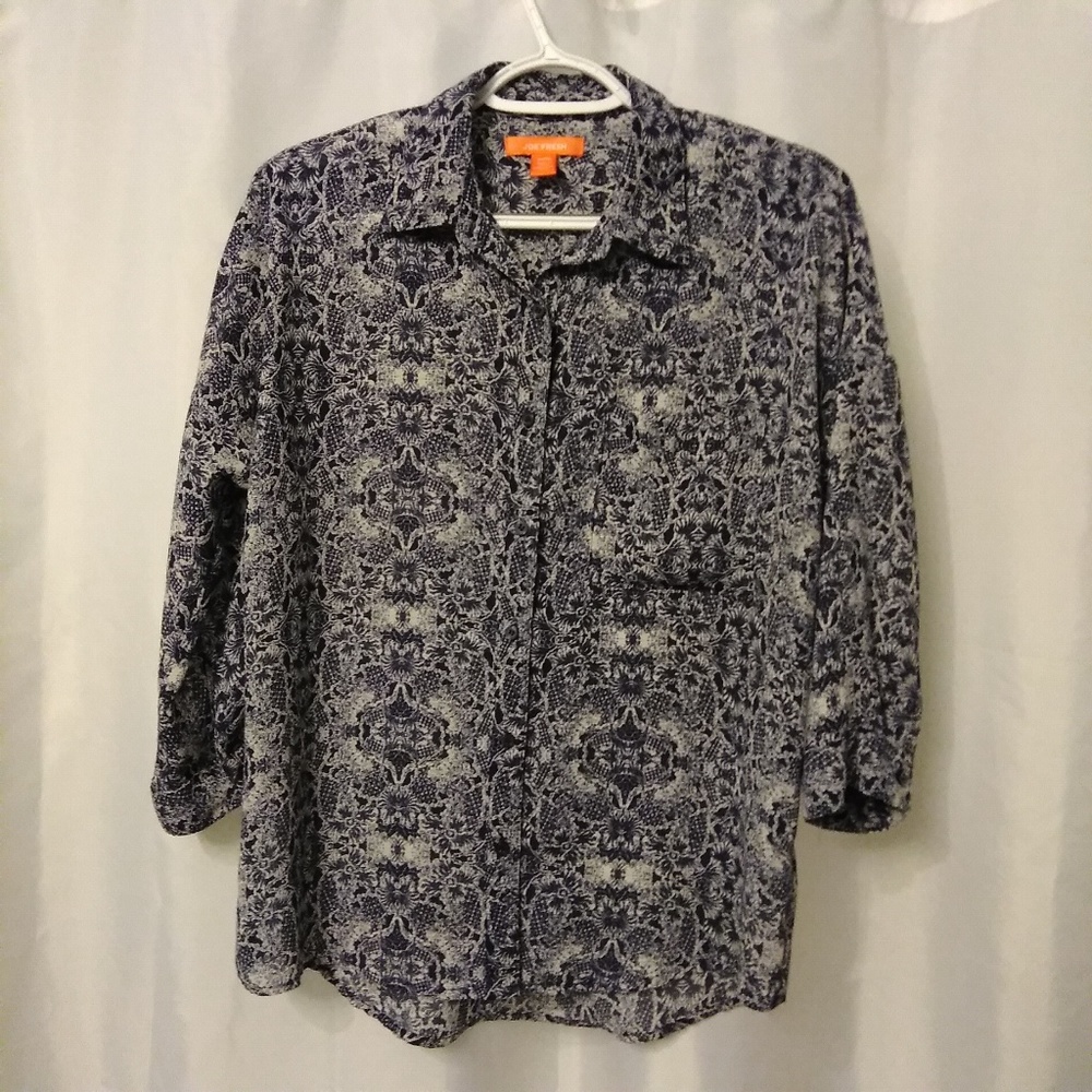 Joe Fresh button blue/white floral print blouse XS